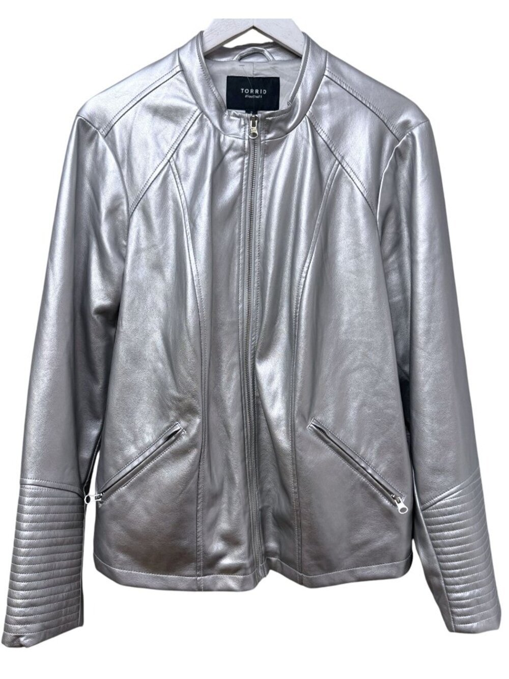 Torrid Faux Leather Moto Jacket Womens 2X (18-20) Silver Metallic Zip Biker Plus